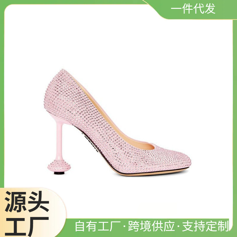 2025 New European and American Export Summer High-Heeled Special-Shaped Shallow Mouth Round Toe Rhinestone Round Toe Sexy Party Large Size Shoes