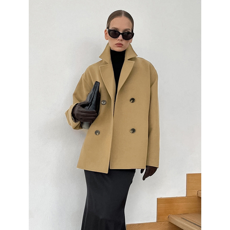 Brown Woolen Coat Mid Length Double Breasted Autumn Winter Jacket_voghion.com