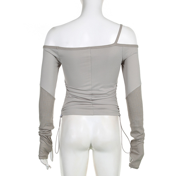 Sexy Single Shoulder Suspender Off Neck Long Sleeved T Shirt Women Solid Color Side Pleating Slim Fit Bottoming Top