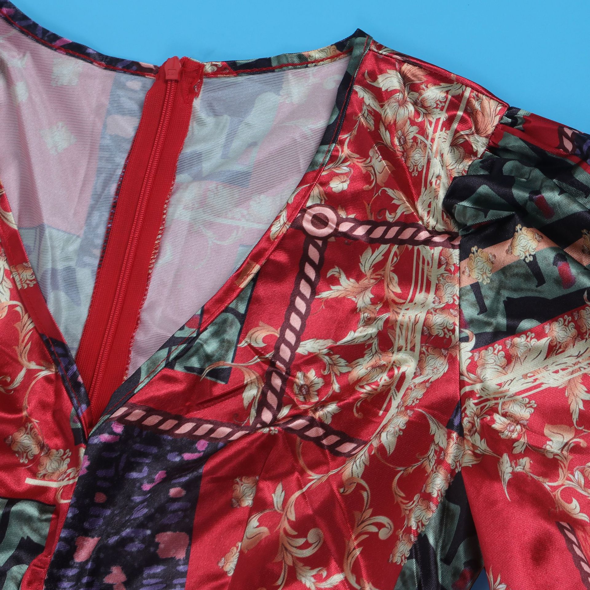 Women's Clothing Sexy Printed Ruffled Lantern Sleeve Hip Hugging Slim Fit Long Sleeve Dress_voghion.com