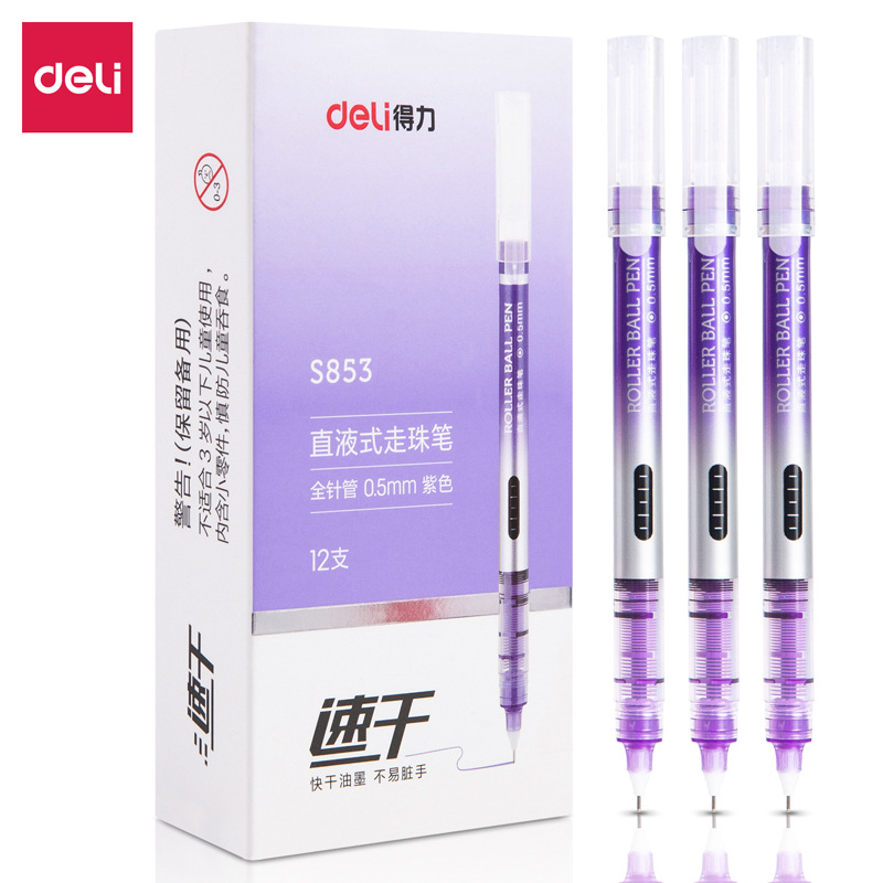 Deli S853 bolígrafo de bolas de ruedas de líquido recto de 0,5mm bolígrafo de góner de tubo de aguja completo de color bolígrafo de práctica de escritura de firma de oficina de estudiante