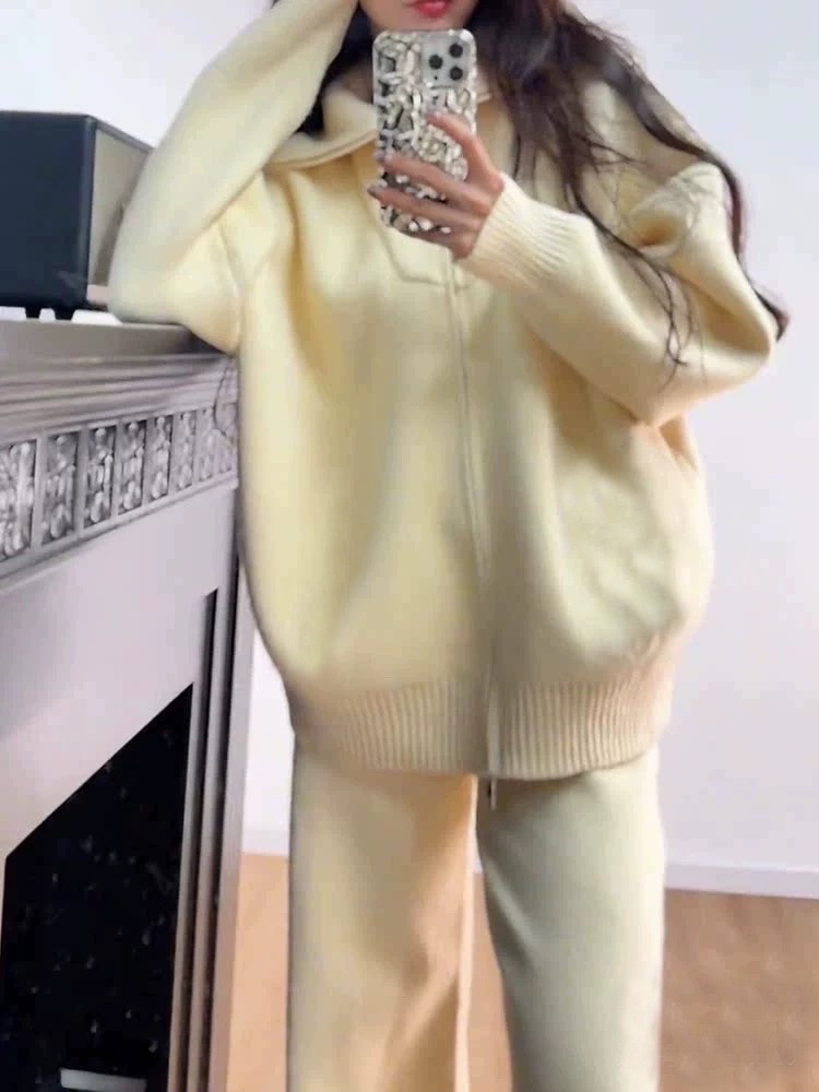 ActiveGo High-end Zipper Casual Fashion Sports Knit For Women, New Autumn And Winter Floor-length Wide-leg Pants Two-piece Set_desvips.com