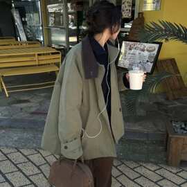 尺寸已更新 韩系复古气质宽松撞色翻领拼接拉链款百搭风衣外套