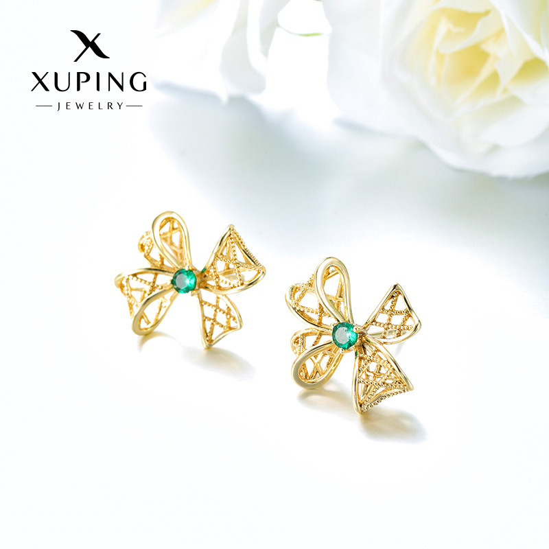 Xuping joyería nicho agujero arco pernos de moda personalidad incrustado aleación de cobre verde fría orejas para mujeres