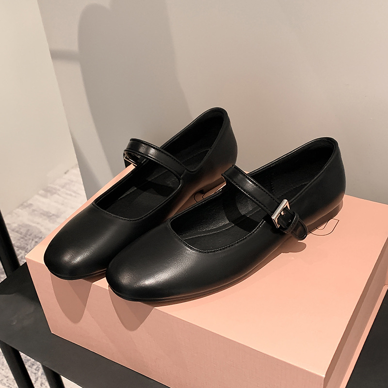 2024 primavera nuevo estilo hebilla zapatos planos de corte bajo pequeño dedo del pie cuadrado retro de cuero suave inferior suave zapatos de mujer Mary Jane
