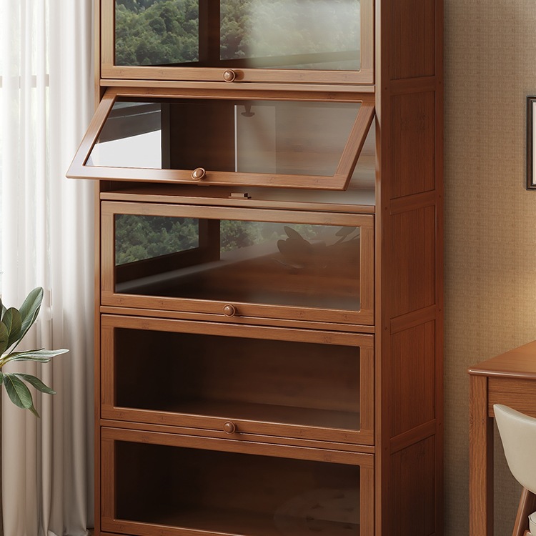 Bookshelf Rack Floor-Standing Bookcase Storage Cabinet Integrated Wall Storage Household Solid Wood Dust-Proof Display Cabinet with Door