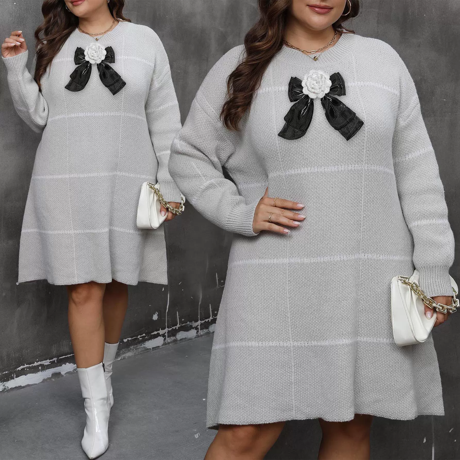 秋冬款机织裙毛衣裙跨境欧美大码女装条纹撞色拼接圆领连衣裙