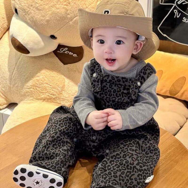 一岁男童宝宝洋气豹纹分体套装秋季款婴幼儿衣服上衣背带裤两件套|undefined