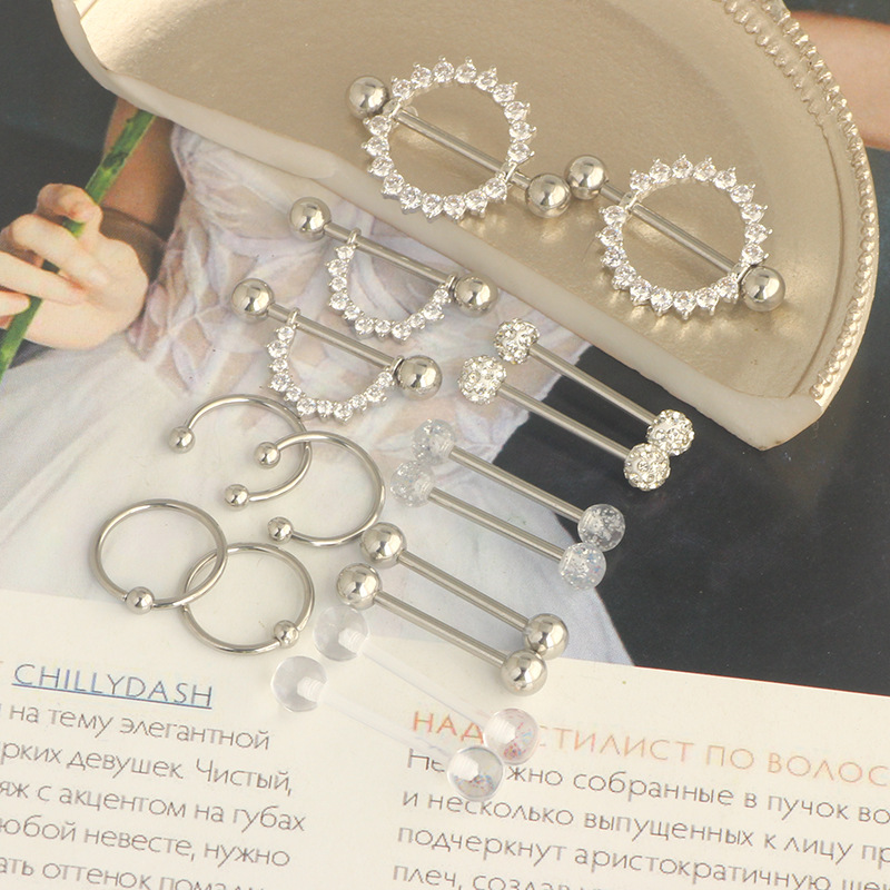 Stainless Steel Zircon Nipple Ring Set with Tongue Nail and Navel Jewelry - Hot Sale detail image 8