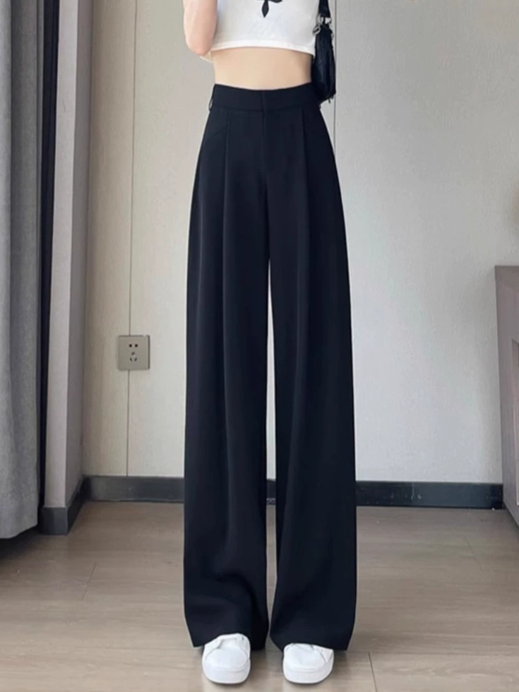 Quần tây nữ cạp cao ống đứng chất lụa băng mỏng mùa hè — Màu đen mẫu thông thường