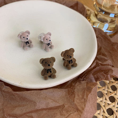 Cute flocked bow bear earrings Japanese and Korean cartoon girl earrings autumn and winter versatile Internet celebrity plush ear jewelry