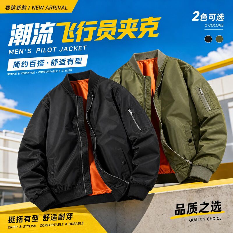 Men's pilot jacket, new spring/autumn collection, solid color, military green, black, casual, versatile baseball jacket, trendy brand Men's pilot jacket, new spring/autumn collection, solid color, military green, black, casual, versatile baseball jacket, trendy brand