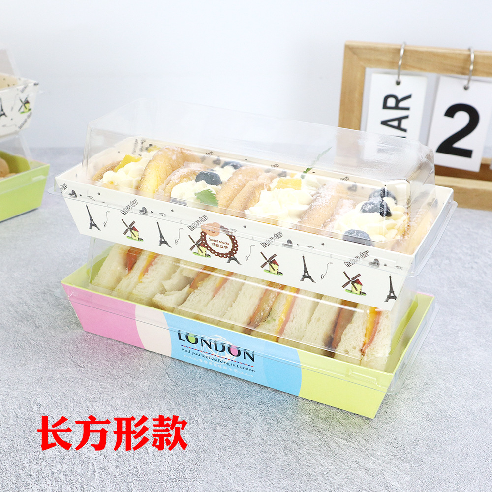 Caja de embalaje de rollos de pastel, caja de embalaje rectangular de sándwich, cajas de papel y plástico cuadradas de tiramisu.