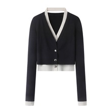 2025春季新款女装V领假两件长袖针织开衫百搭显瘦毛衣50218132