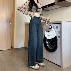 复古口袋阔腿牛仔裤女2025年春季新款高腰宽松显瘦小个子直筒长裤