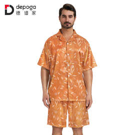 跨境专供男睡衣套装外贸欧美休闲短袖短裤居家服弹力色丁开衫厂家