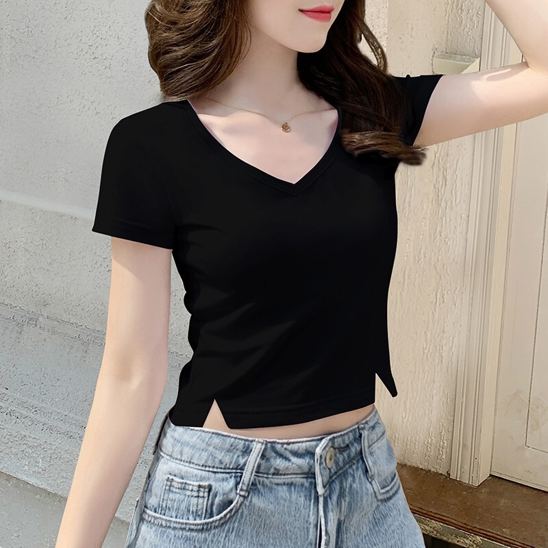 V-Neck T-Shirt for Women, Short Sleeve, 2025 New Summer Style, Petite Size, Slit Design, Slim Fit, Cropped Top, Trendy V-Neck T-Shirt for Women, Short Sleeve, 2025 New Summer Style, Petite Size, Slit Design, Slim Fit, Cropped Top, Trendy