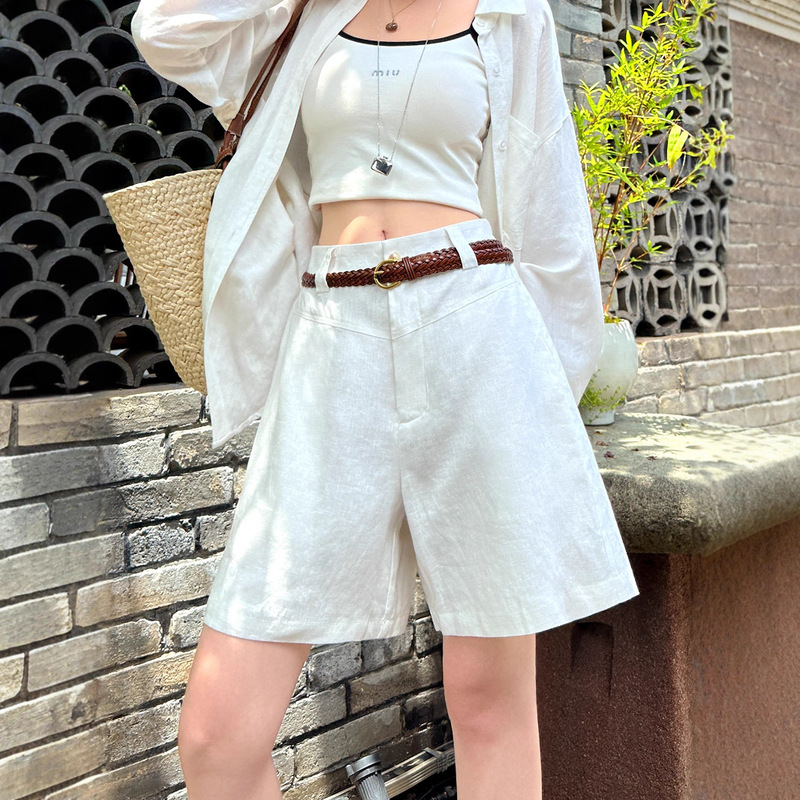 White 100% Linen High-Waisted Straight-Leg Women's Casual Shorts, Breathable A-Line Wide-Leg Summer Thin Shorts