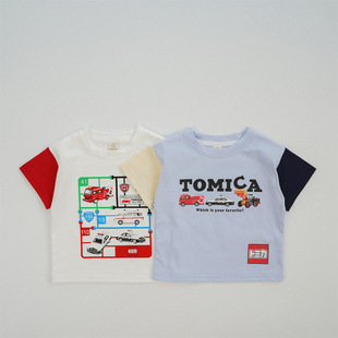 Summer children's clothing Japanese color matching short sleeve T-shirt children's car letters T-shirt cross-border children's clothing a generation of hair