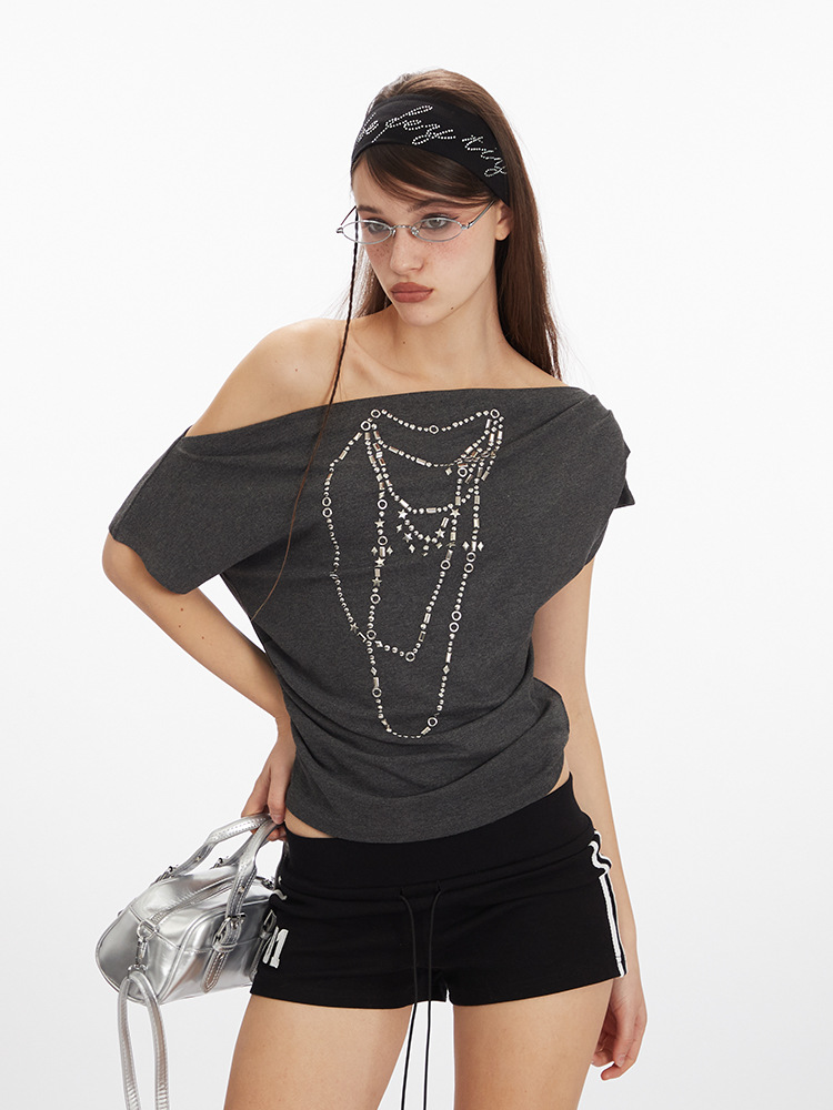 HeyHenry 斜め襟デザインワンショルダーホットガールショート Tシャツ 2025 新しい夏の半袖オフショルダートップ女性のための