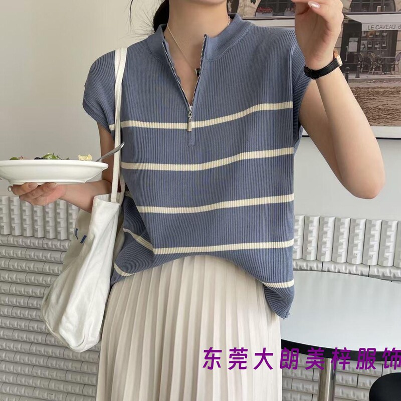 2025 New Summer Style Knitted Sweater Half-Zip Striped Loose Casual Style Women's Vest Sleeveless Top 2025 New Summer Style Knitted Sweater Half-Zip Striped Loose Casual Style Women's Vest Sleeveless Top