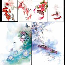 30166古风花卉唯美古风插画背景图片中国风水墨山水花卉竖版海报