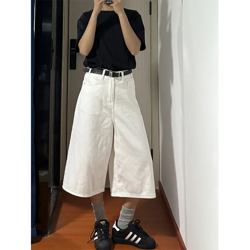 Plus Size American Retro White Denim Cropped Pants for Women, Summer Thin Straight Loose Mid-Length Shorts Plus Size American Retro White Denim Cropped Pants for Women, Summer Thin Straight Loose Mid-Length Shorts
