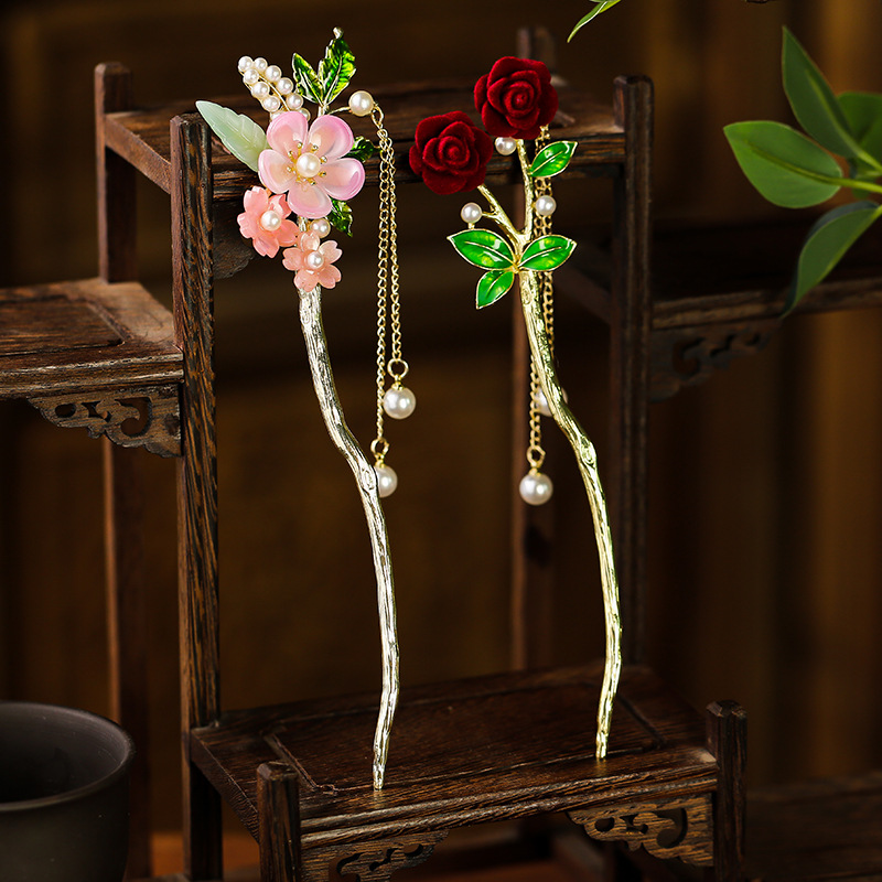 古風桃花流蘇步搖髮簪現代時尚薔薇合金髮釵國潮旗袍漢服盤發頭飾