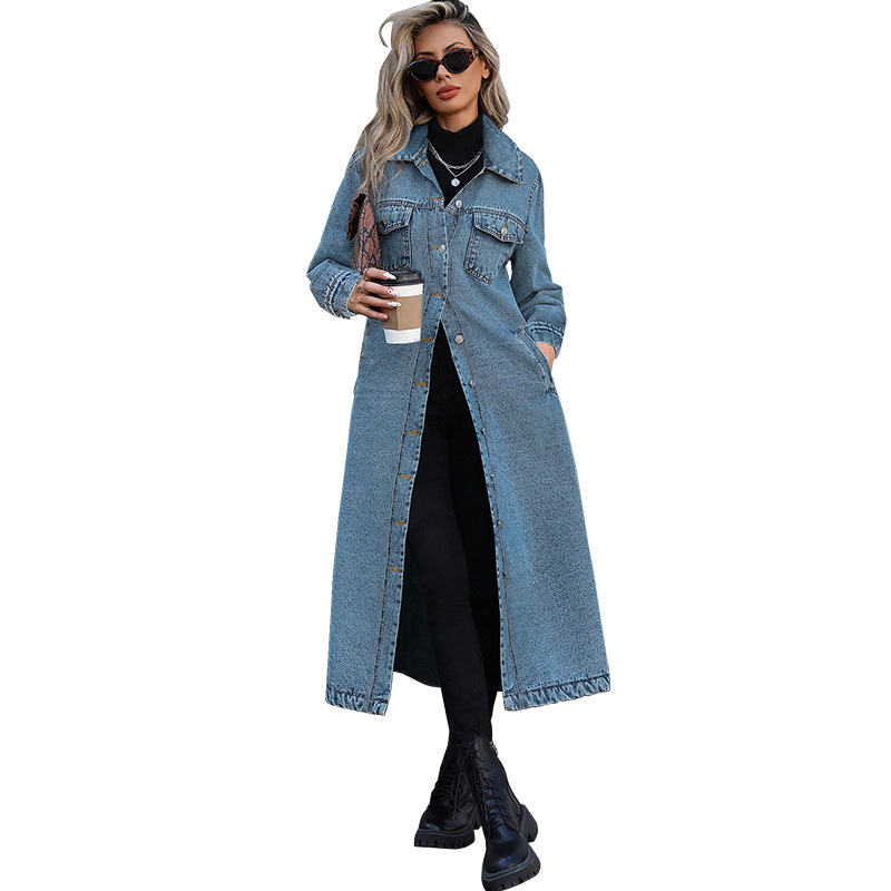 Elegant Long Denim Coat For Women, Mid Blue And Black Trench Style Jacket, Versatile Career Outerwear For Fall_ecoleips.com