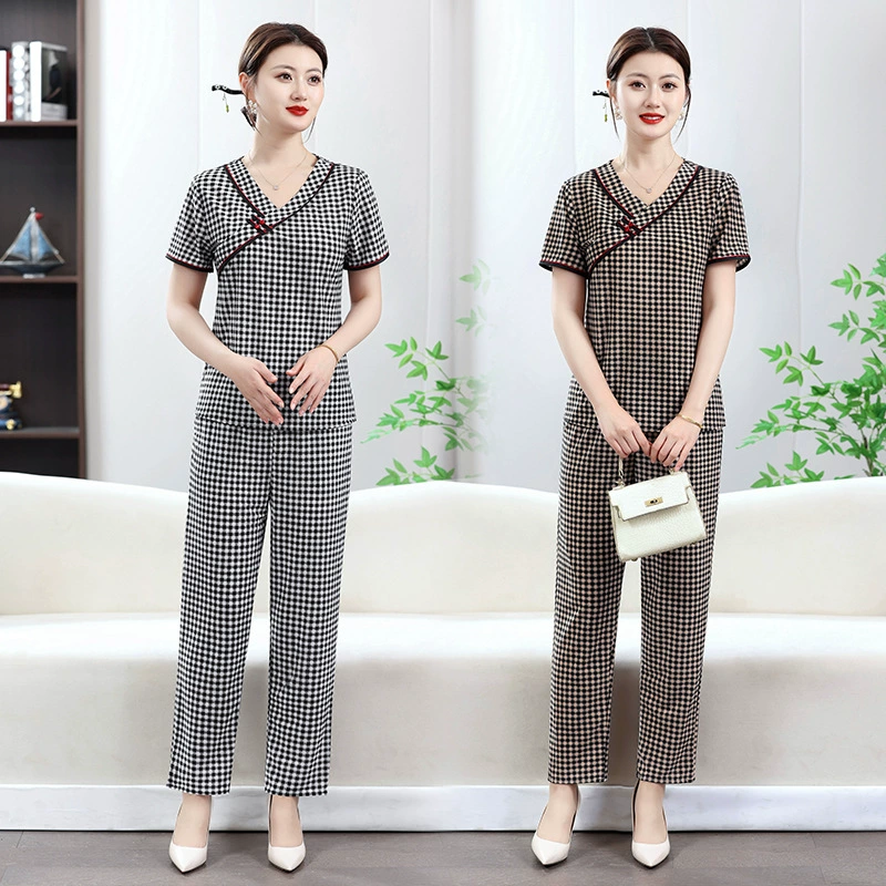 Женские летние топы из двух предметов среднего и пожилого возраста с короткими рукавами в стиле ретро для мам, новый стиль, свободный клетчатый костюм
