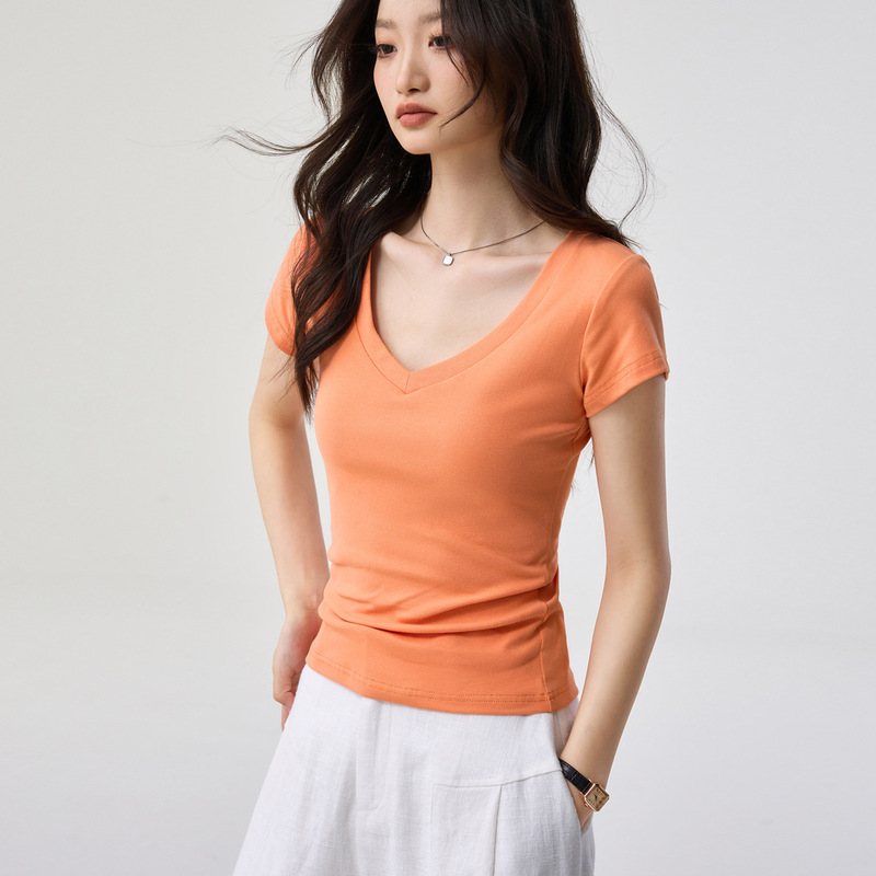 40-Count Combed Pure Cotton Deep V-Neck T-Shirt for Women, Short-Sleeved, Summer, Simple, Versatile, Slim-Fit, Flattering Base Top