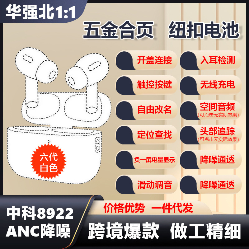 Huaqiang North Sixth Generation pods pro2 C Port True Noise Reduction Zhongke 8922A Applicable to air Apple Bluetooth Headset Factory