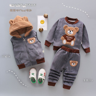 Мультяшный флисовый демисезонный комплект, пуховик, детский костюм мальчика цветочника, детская одежда, в корейском стиле, с медвежатами, 3 предмета