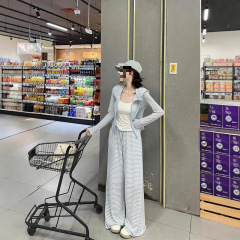 甜辣妹条纹轻薄连帽防晒开衫高腰阔腿休闲长裤女2025夏季新款套装