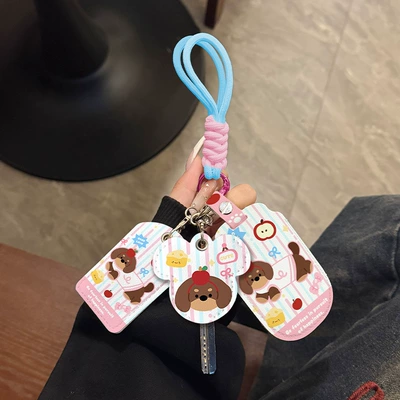 Electric vehicle key cover shell Shell Protective Cover Keychain Soft - three-card-holder-pink-blue-lanyard-dopamine-dachshund