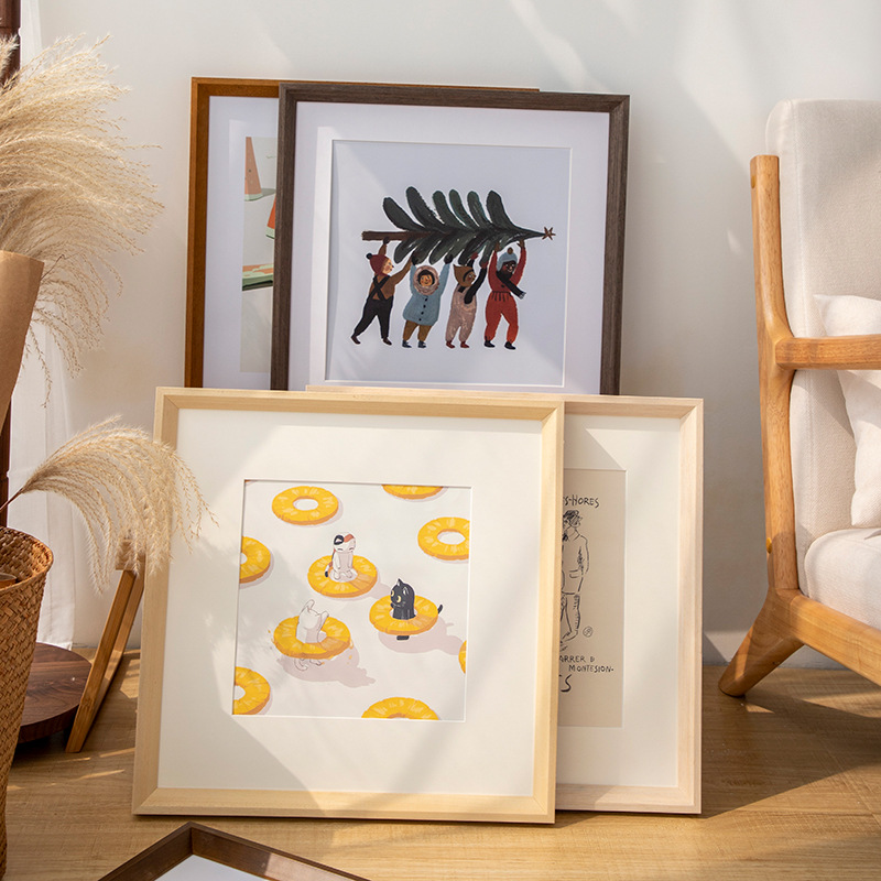 Square wall photo frame from natural wood