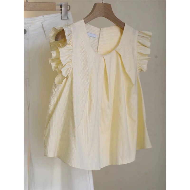 Sweet Cream Yellow Pinstripes Small Flying Sleeve Shirt Summer Pleated Slimming Lace Round Neck Top