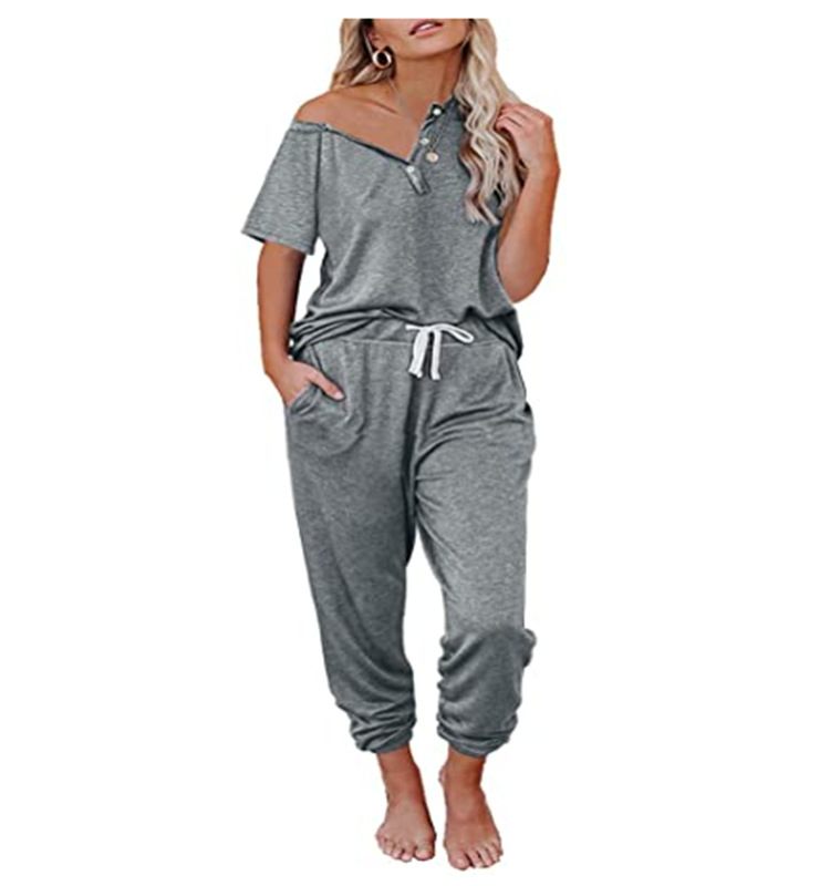 2021 New Amazon Casual Sports Suit Women's Spring Short-sleeved Button Pullover and Drawstring Pants Two-piece Set