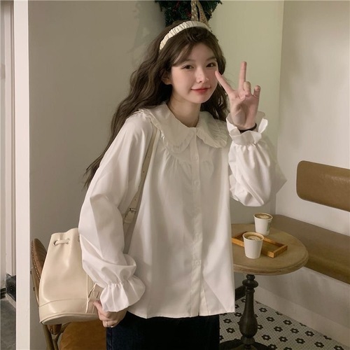 Spring French-style long-sleeved new baby collar blouse for women, student Korean version loose and versatile Japanese design white blouse