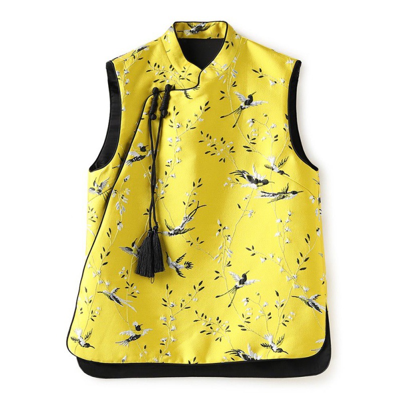 Amarillo SEDA-como brocado chaleco primavera de las Mujeres Nuevo diseño original retro bordado estilo chino hebilla superior