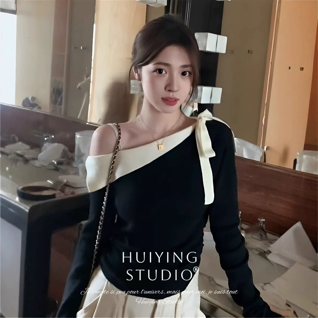 Черные косынные плечами трикотажные топы с открытыми плечами для женщин высокого уровня осенний новый стиль нижний рубашка осенний и зимний нишевый дизайн