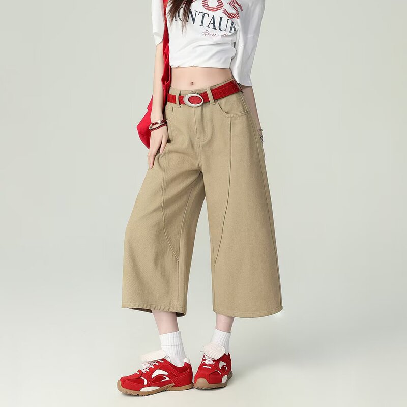 Khaki Wide-Leg Cropped Jeans for Women, Summer Thin Style, Petite, Hip-Covering, High-Waisted, Loose, Scimitar Straight Mid-Length Pants