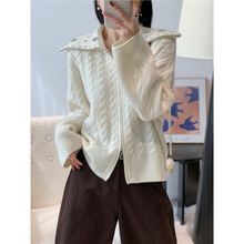 O欧洲站2025秋冬新款纯色大翻领珍珠亮钻装饰拉链开衫上衣女