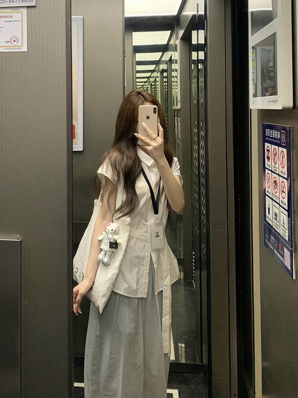 设计感小众短袖衬衫女夏季2025新款韩系百搭绑带收腰中长款上衣潮|undefined