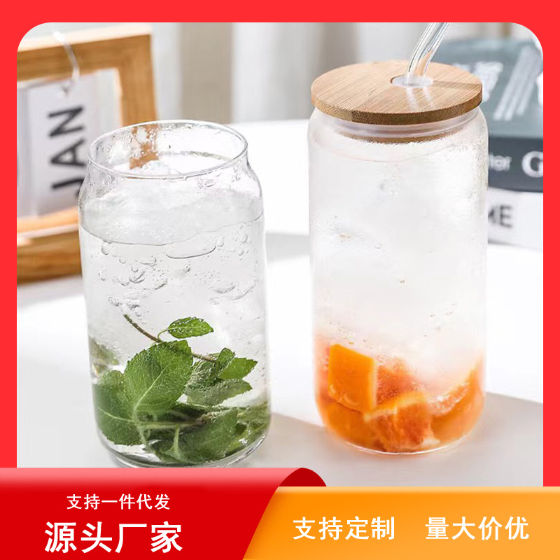高硼硅玻璃杯竹盖单层果汁杯带吸管透明玻璃可乐杯大容量单层杯
