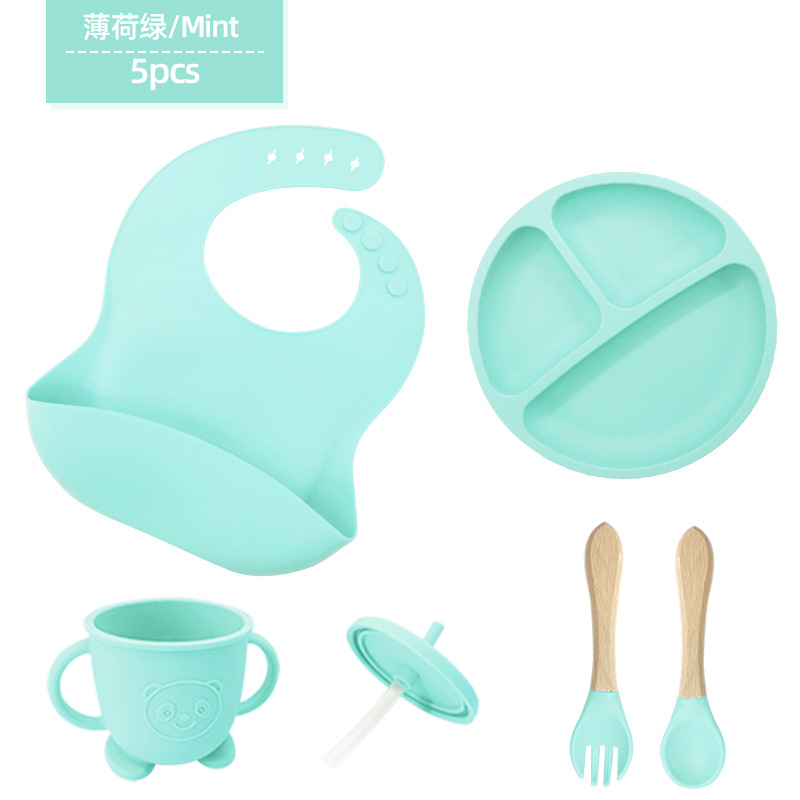 Vajilla de silicona para niños Juego de 6 piezas de silicona para bebés Tazón de alimentos complementarios separados Cuchara tenedor Taza para aprender a beber Juego de vajilla para madres y bebés