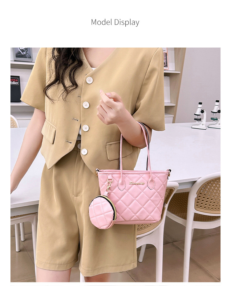 Casual Occasion Women's Medium Pu Leather Argyle Streetwear Sewing Thread Bucket Zipper Tote Bag