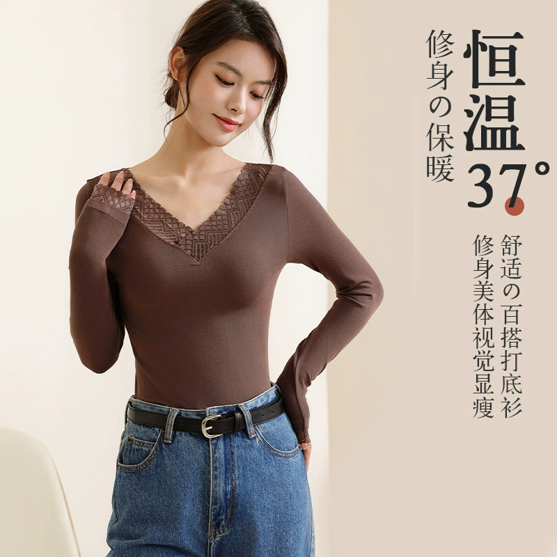 Теплый топ для женщин темпераментный V-образный вырез с кружевным вырезом внутри дикий нижний свитер для тонного тела и нижний плащ