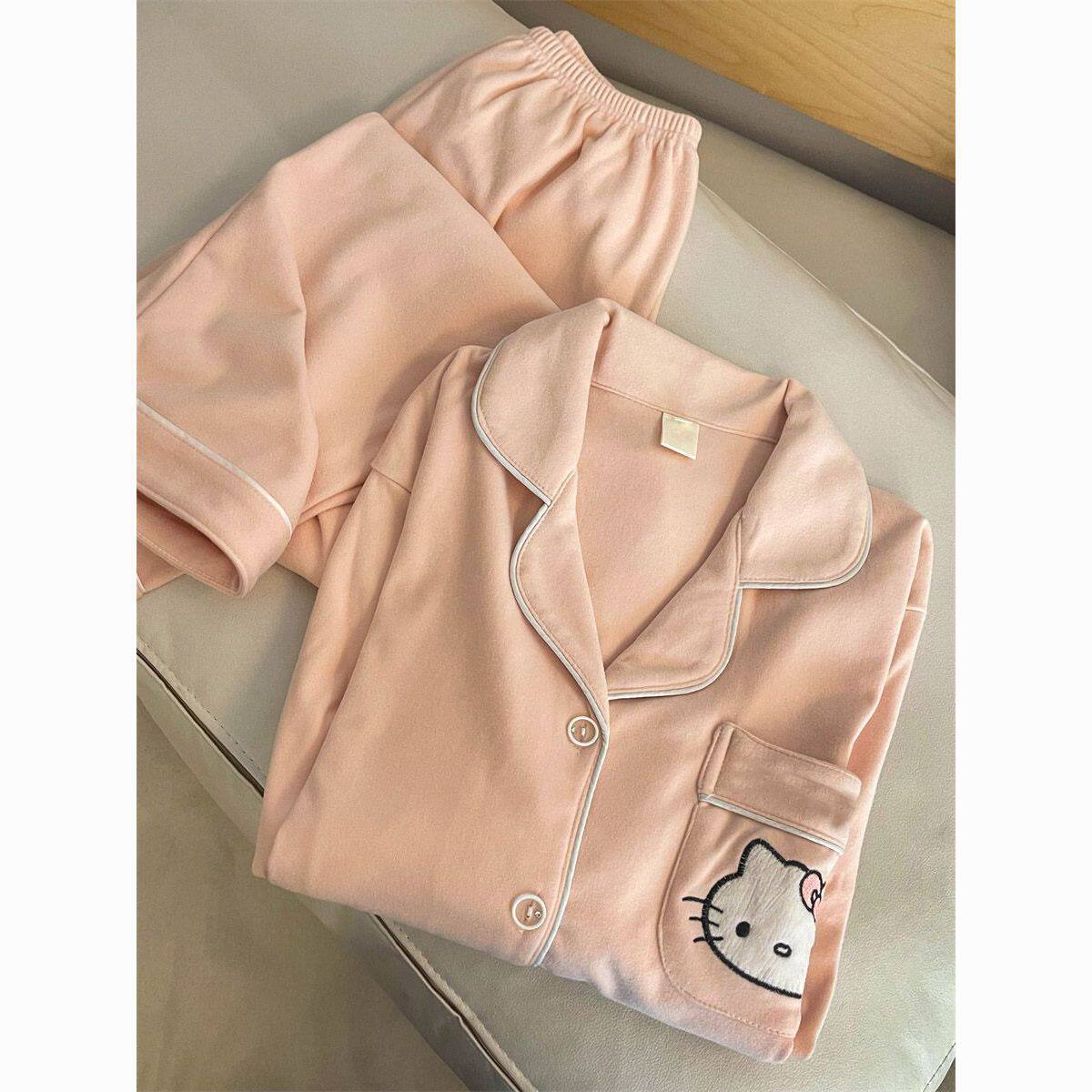 跨境日系HelloKitty德绒睡衣女秋冬季加绒加厚简约卡通学生家居服