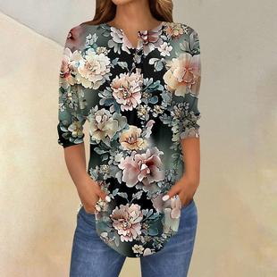 Amazon Aliexpress 2025 Spring and Autumn Cross-Border New Four-Button Three-Quarter Sleeve V-Neck Digital Print Casual Polo Shirt